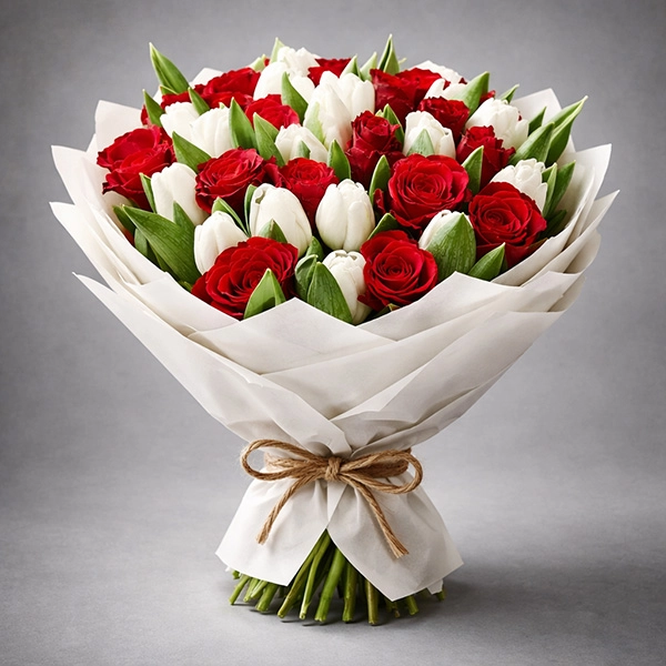 Подари ей весну - букет из белых тюльпанов и красных роз